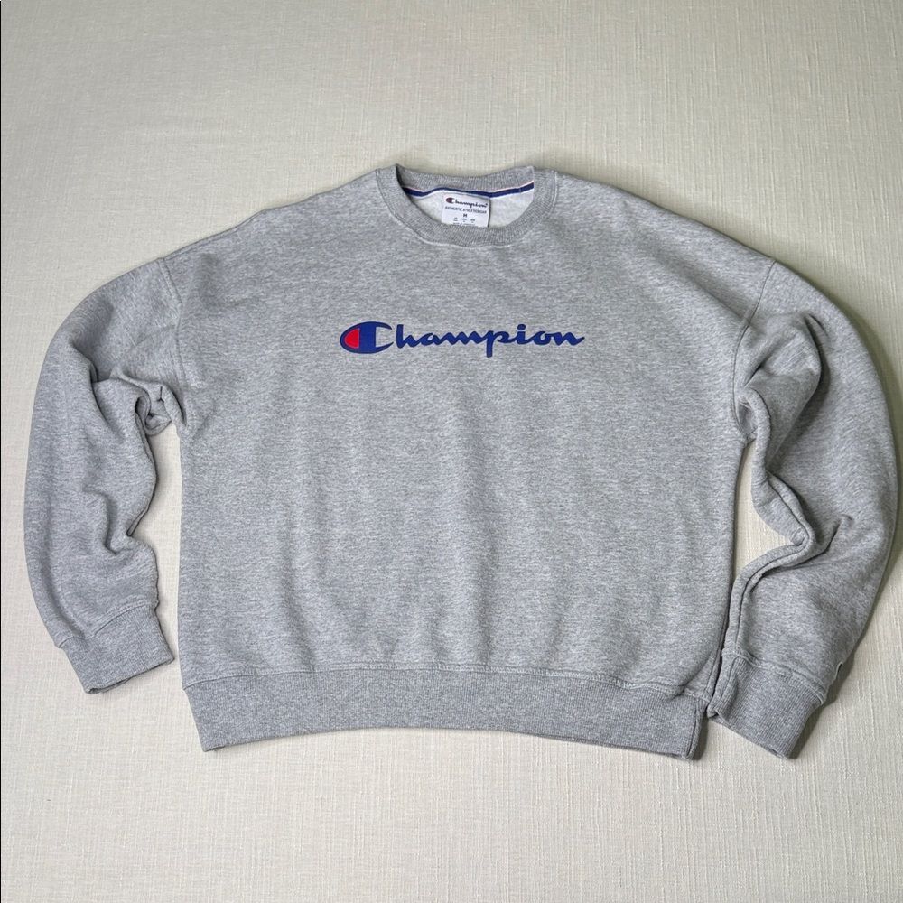 Champion Men's Crewneck in Gray with Blue Logo